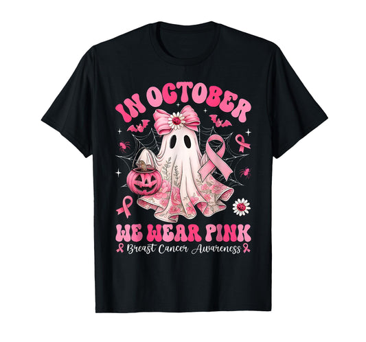 in October We Wear Pink Ghost Bow Breast Cancer Awareness T-Shirt