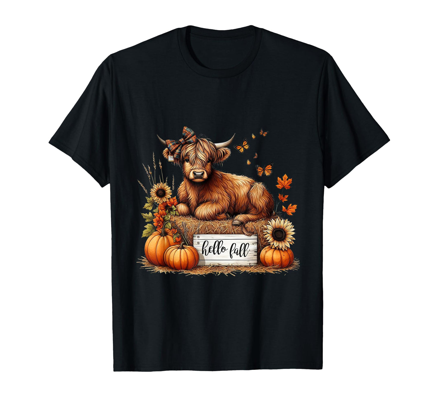 Hello Fall Pumkin Highland Cow Fall Autumn Thanksgiving T-Shirt