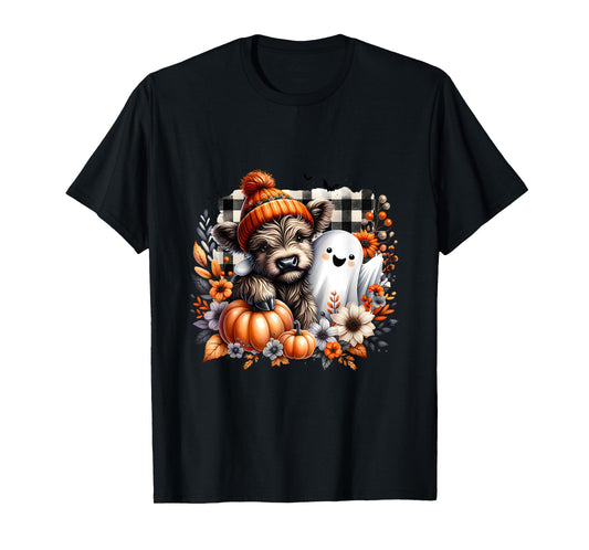 Cute Highland Cow Halloween With Ghost Pumpkin Spooky Season T-Shirt