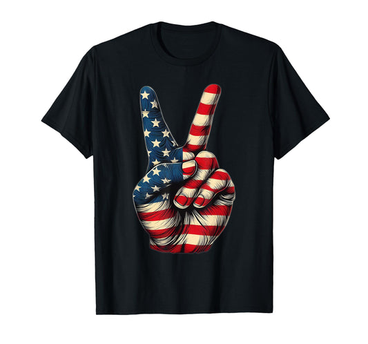 American Flag Peace Sign Hand 4th of July Patriotic T-Shirt