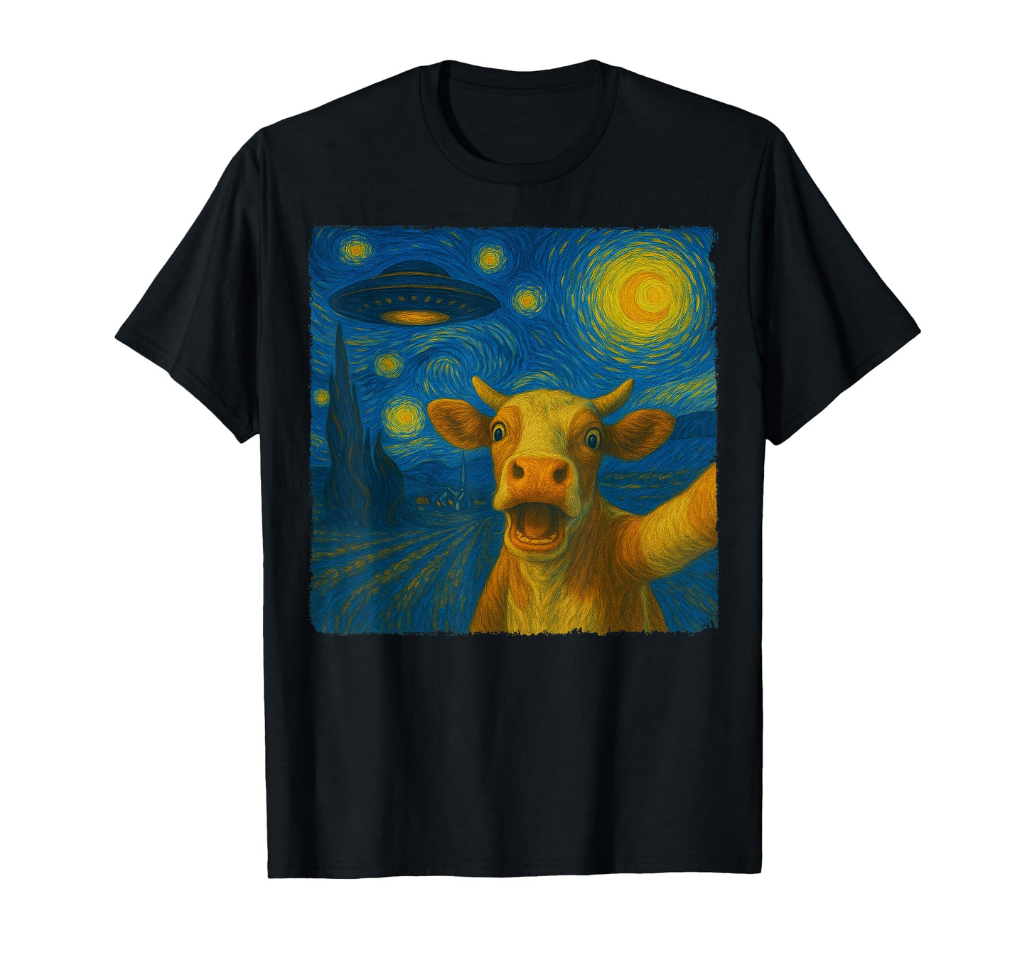 Cow Selfie with UFO Starry Night Van Gogh Gift Men Women Kid T-Shirt
