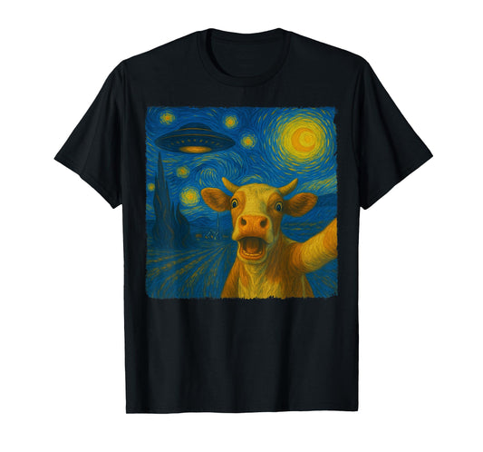 Cow Selfie with UFO Starry Night Van Gogh Gift Men Women Kid T-Shirt