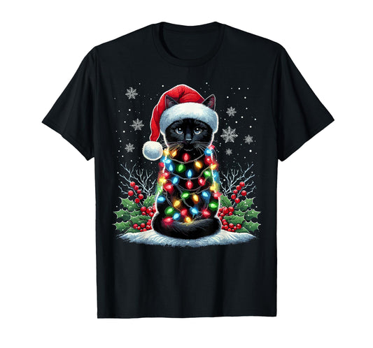Black Cat Christmas Santa Hat Funny Meowy Cat T-Shirt for Men Women Kids