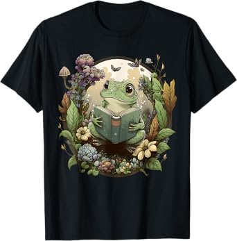 Cottagecore Aesthetic Cute Frog Reading Book Vintage Floral T-Shirt