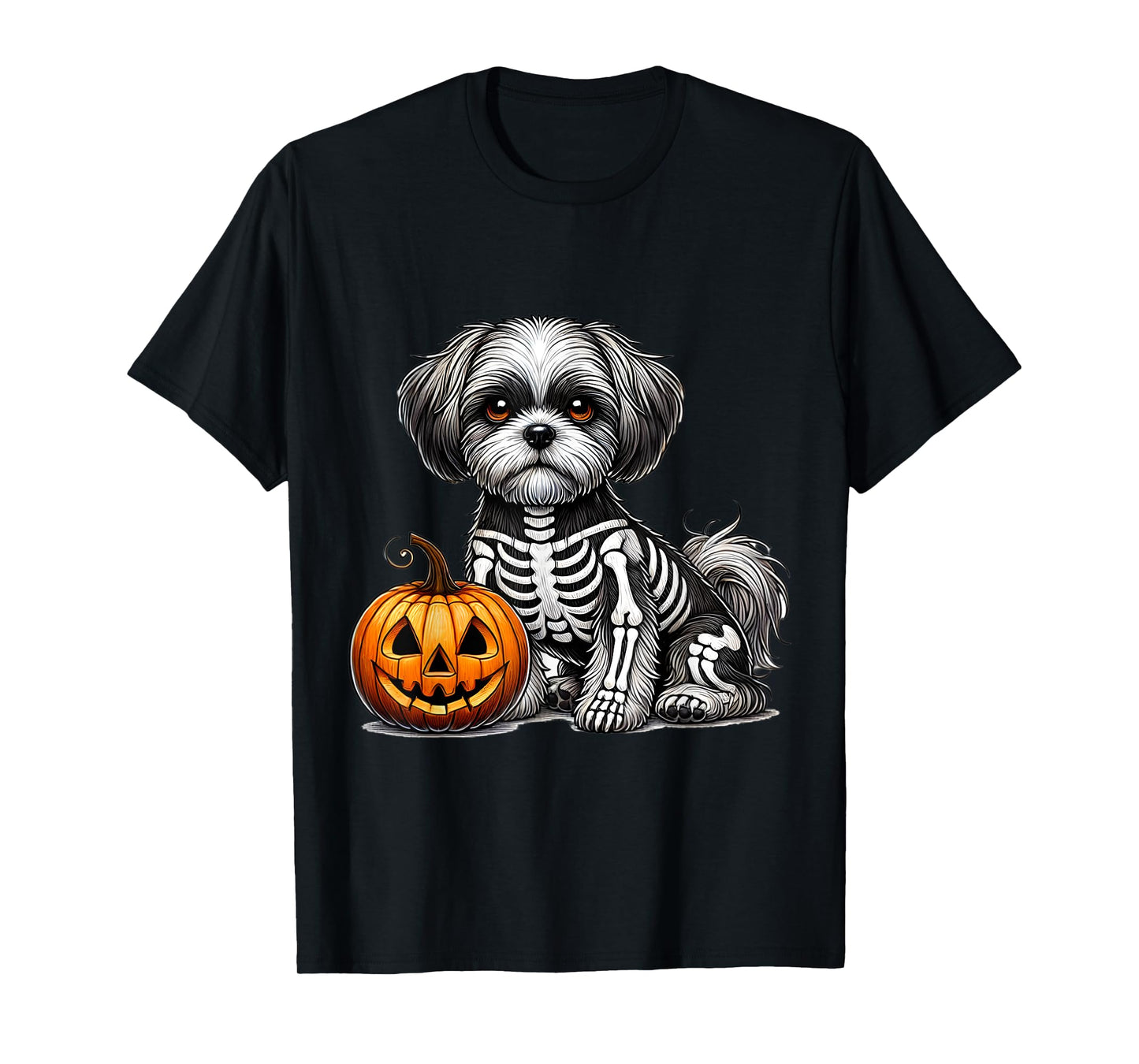 Shih Tzu Skeleton Jack O Lantern Funny Dog Halloween T-Shirt