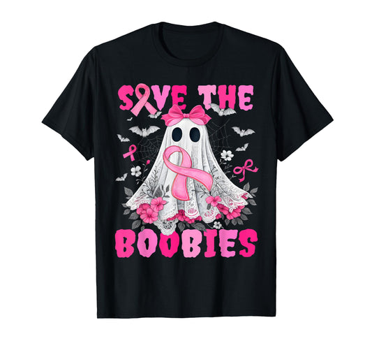 Save The Boobies Lace Bow Breast Cancer Awareness Halloween T-Shirt