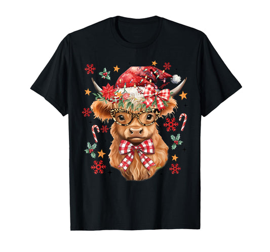 Western Highland Cow Lover Coquette Bow Merry Christmas T-Shirt