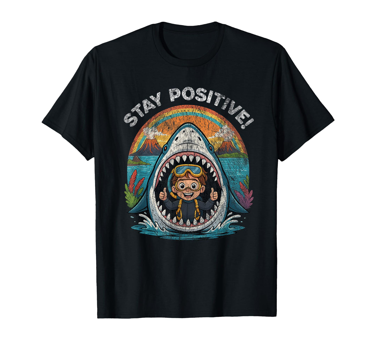 Stay Positive Shark Volcano Adventure Vintage Cartoon Kids T-Shirt