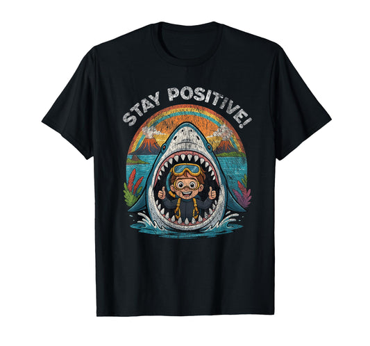 Stay Positive Shark Volcano Adventure Vintage Cartoon Kids T-Shirt