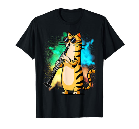 Cool Cat Playing The Clarinet Design Hippy Hipster Kitty T-Shirt