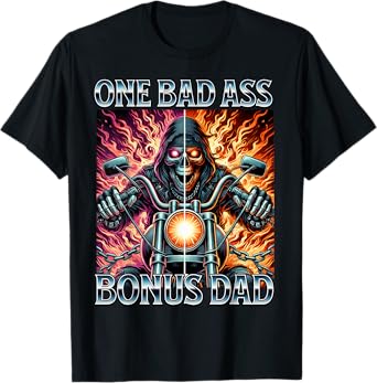 Bad Ass Bonus Dad Skeleton Step Dad Biker Stepdad Motorcycle T-Shirt