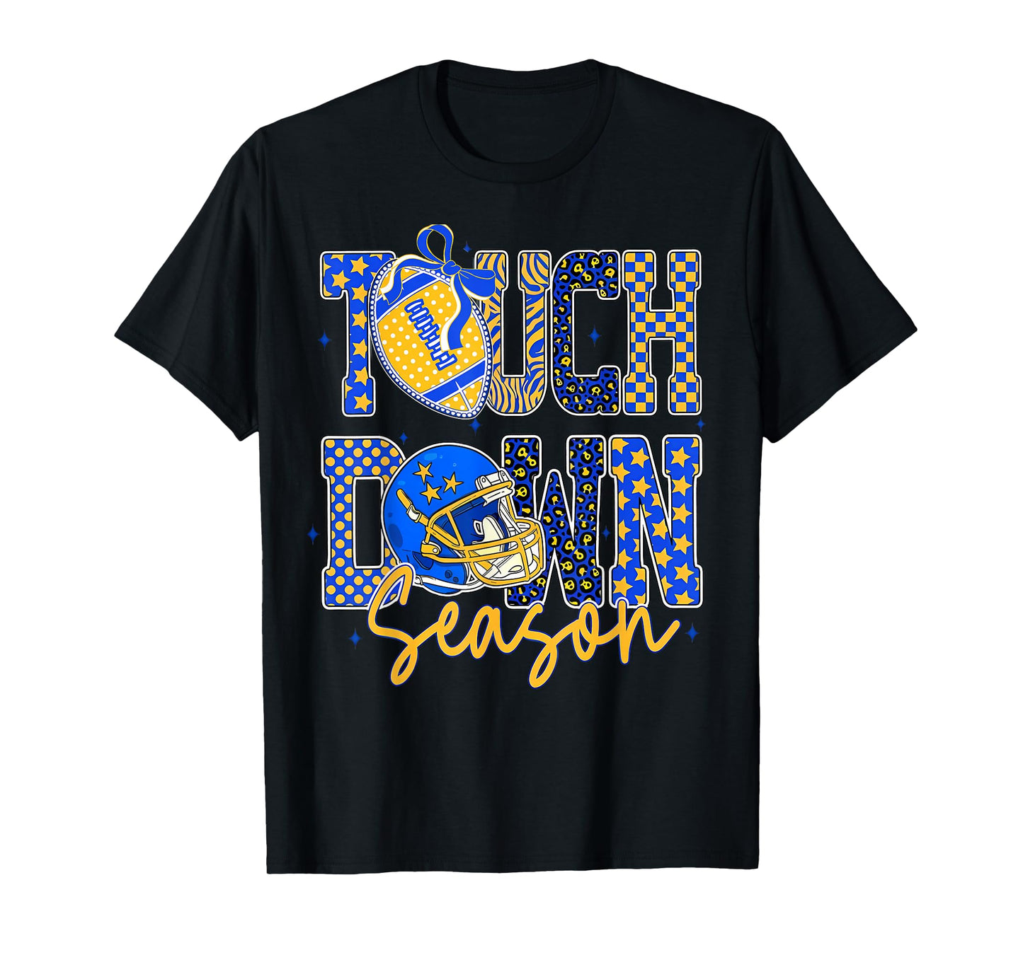 Leopard Blue Gold Checkered Football Touchdown Season T-Shirt