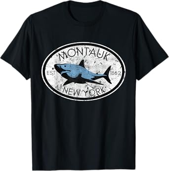 Montauk New York Fishing Shark Fish Beach Boating NY Vintage Men Women Kids T-Shirt