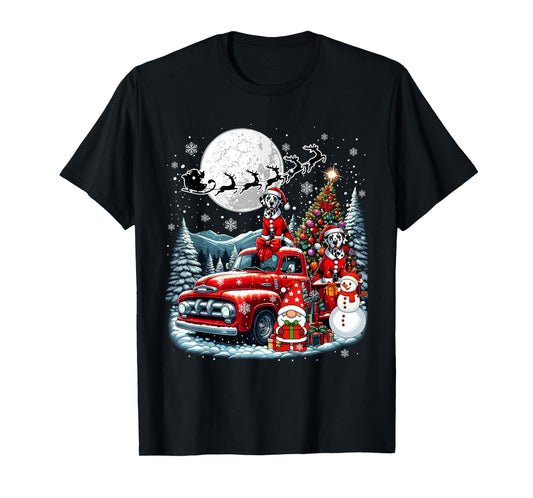 Group Xmas Gnome Snowman Santa Dalmatians On Pickup Truck T-Shirt