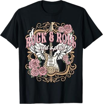 Vintage Rock n Roll Wild Spirit Lets Rock Guitar Floral T-Shirt
