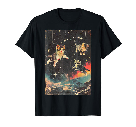 Funny Kittens Cat in Space Cute Vintage Art Retro T-Shirt
