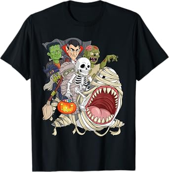 Skeleton Zombie Riding Mummy Shark Funny Halloween Pumpkin T-Shirt