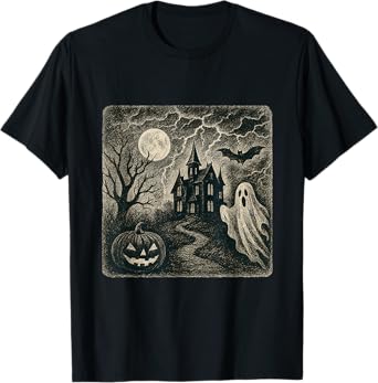 Haunted House Vintage Ghost Moon Halloween Scene T-Shirt