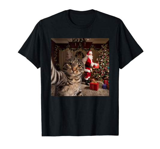 Christmas Cat Selfie with Santa Claus Cute Holiday Photo T-Shirt for Men Women Kids