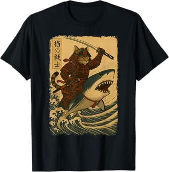 Samurai Cat Riding Shark Warrior Ukiyo Vintage Japanese Art T-Shirt for Men Women Kids