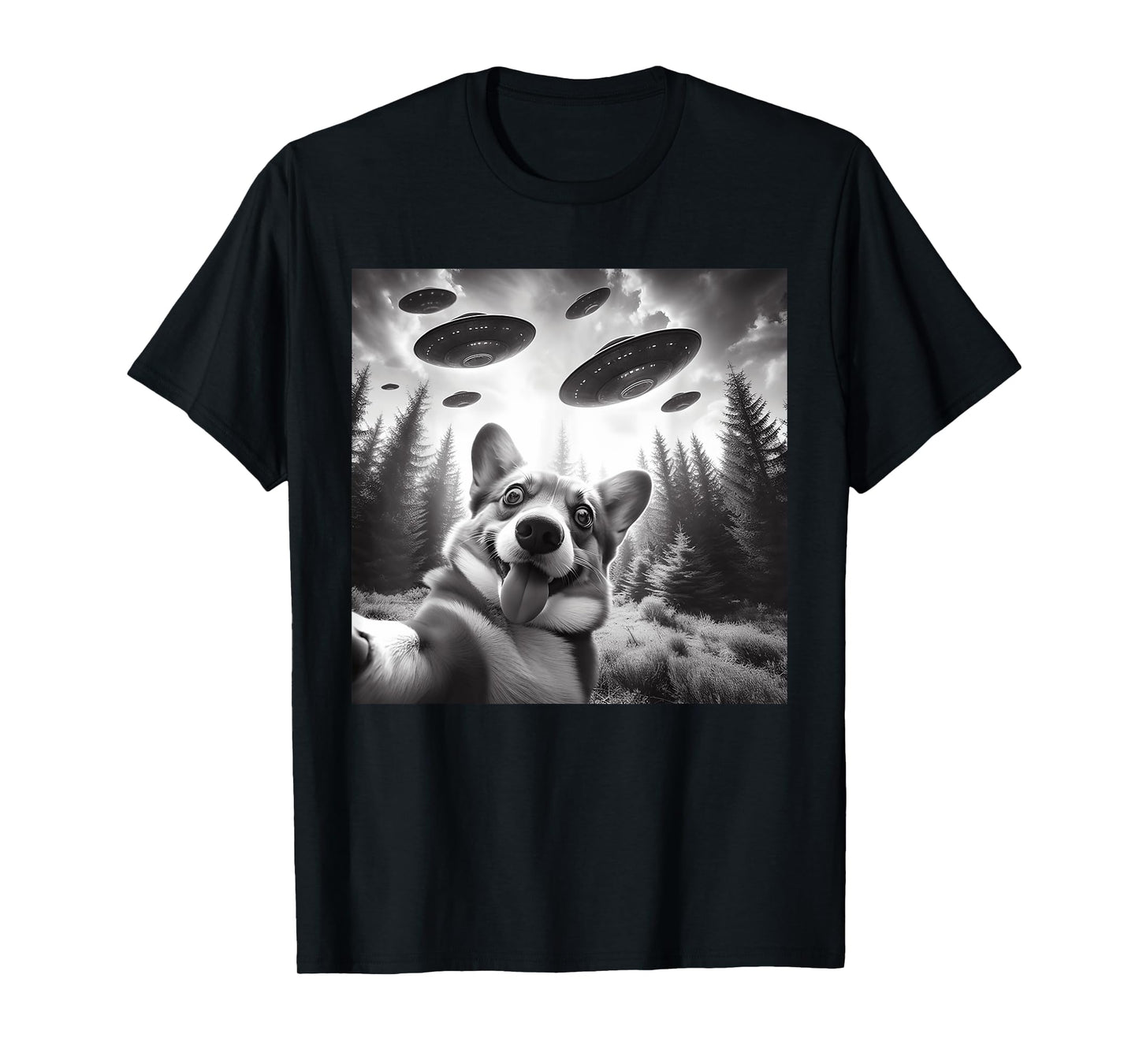 Corgi Dog Taking Selfie with UFOs Outer Space Alien Geeks Men Women Kids T-Shirt