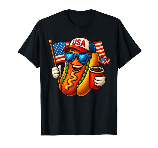 4th of July Hotdog Funny Fourth of July Patriotic USA Flag T-Shirt