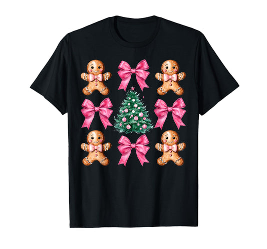 Cute Coquette Pink Bow Xmas Gingerbread Man Christmas Tree T-Shirt