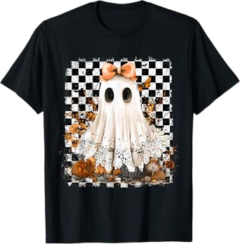 Cute Ghost Floral Lace Checkered Halloween Spooky T-Shirt