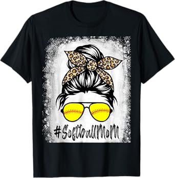 Bleached Softball Mom Life With Leopard and Messy Bun Player T-Shirt