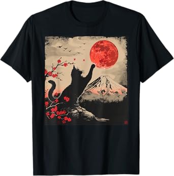 Vintage Japan Art Japanese Theme Retro Print Black Cat T-Shirt