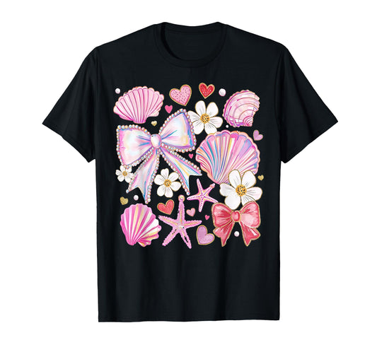 Coquette Pearl Bow Pink Starfish Seashell Summer For Girls T-Shirt