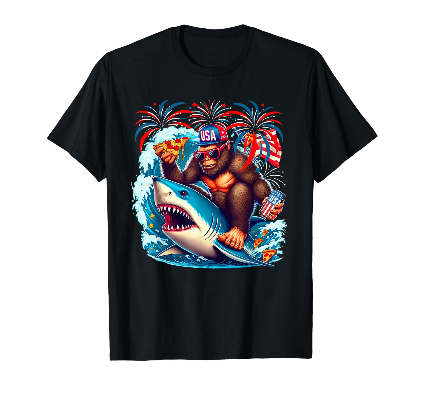 Bigfoot Riding Shark With Beer Pizza 4th Of July Patriotic T-Shirt