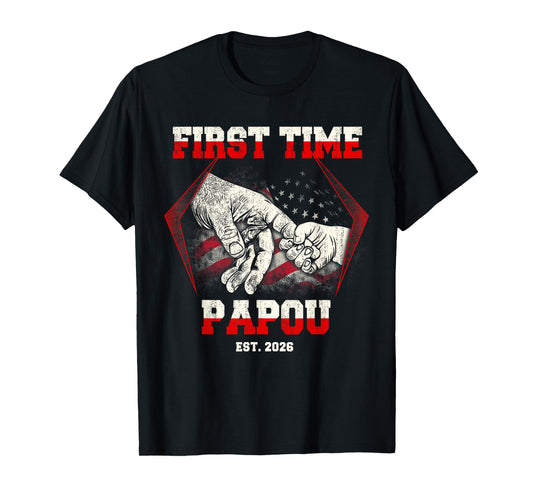 First Time Papou Est. 2026 Funny American Flag Vintage T-Shirt