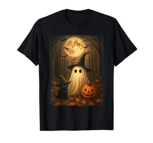 Cute Ghost Black Cat Halloween Witch Pumpkin Dark Forest T-Shirt