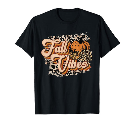 Fall Vibes Leopard Groovy Thanksgiving Autumn For Women Girl T-Shirt