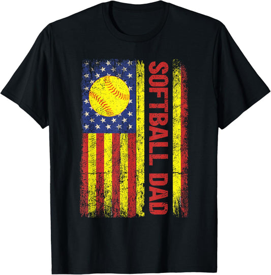 Softball Dad American US Flag Shirt Papa Father's Day Men T-Shirt