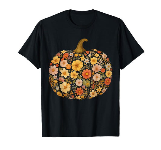 Pumpkin Floral Autumn Fall Season Wildflower Thanksgiving T-Shirt