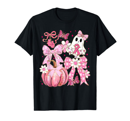 Pink Coquette Bow Ghost Halloween Breast Cancer Awareness T-Shirt