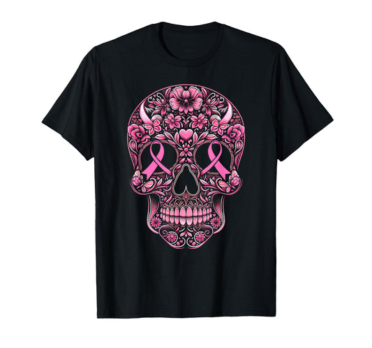 Sugar Skull Pink Ribbon Calavera Breast Cancer Awareness T-Shirt