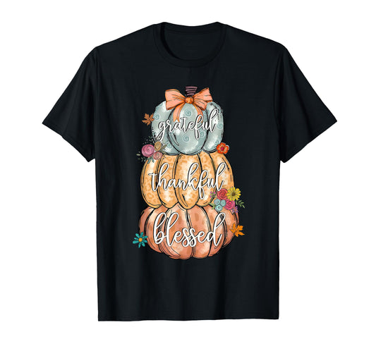 Coquette Bow Pumpkin Grateful Thankful Blessed Thanksgiving T-Shirt