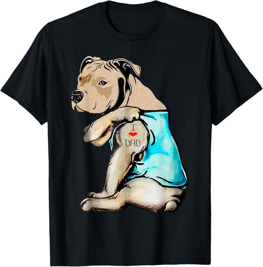 Pitbull Dog I Love Dad Tattoo Funny Family T-Shirt