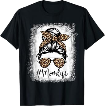 Women Mom Life Bleached Shirt Mom Life Leopard Messy Bun T-Shirt