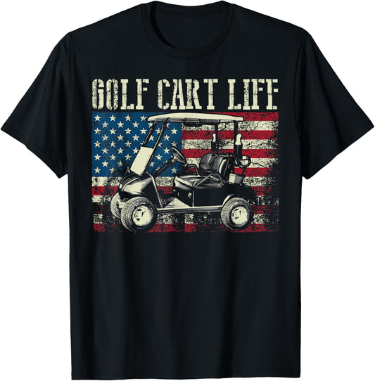 Cool Golf Cart Vintage US Flag Funny Golfing Gift Men Women T-Shirt
