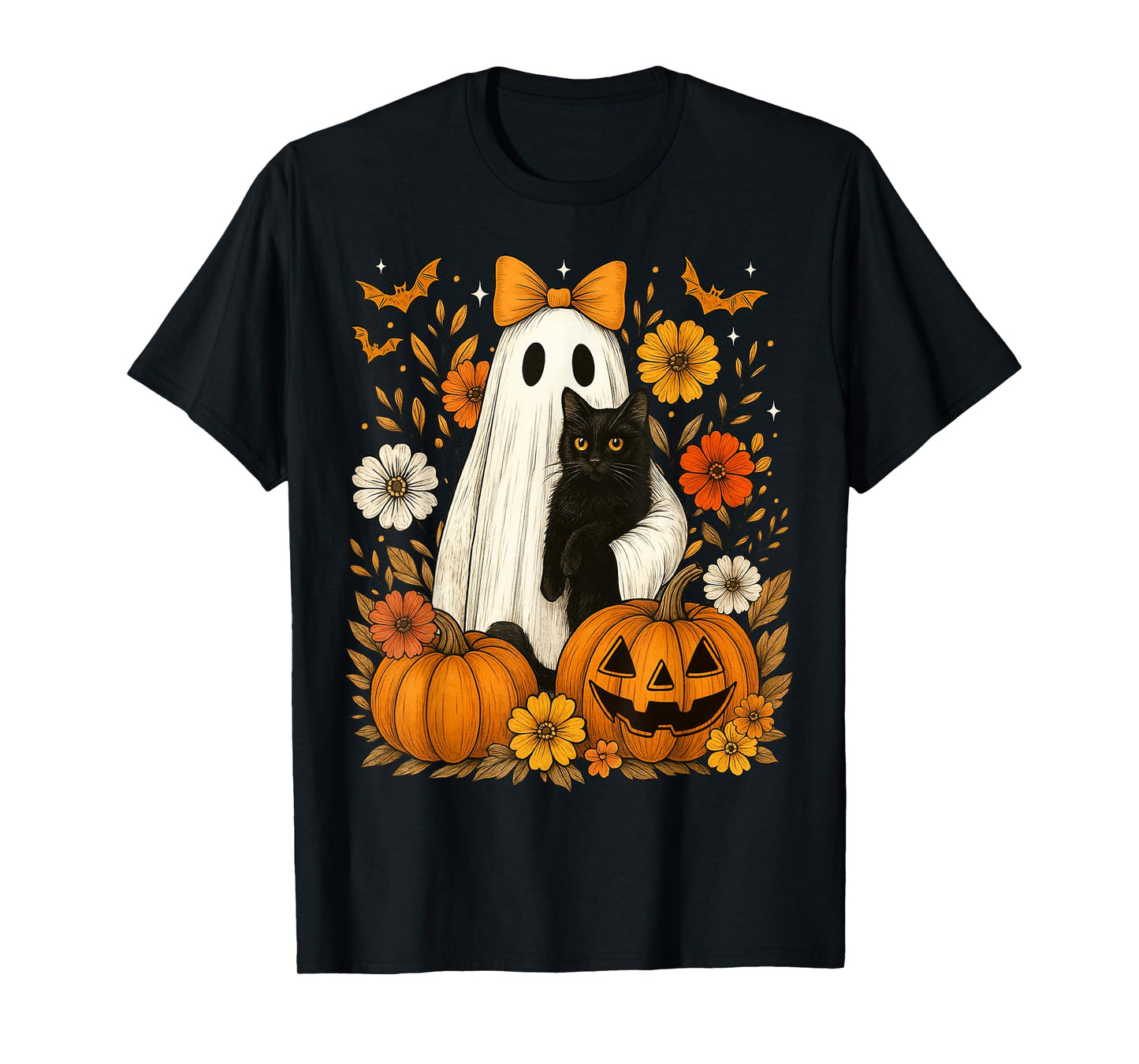 Vintage Halloween Ghost Holding Black Cat Groovy Floral T-Shirt