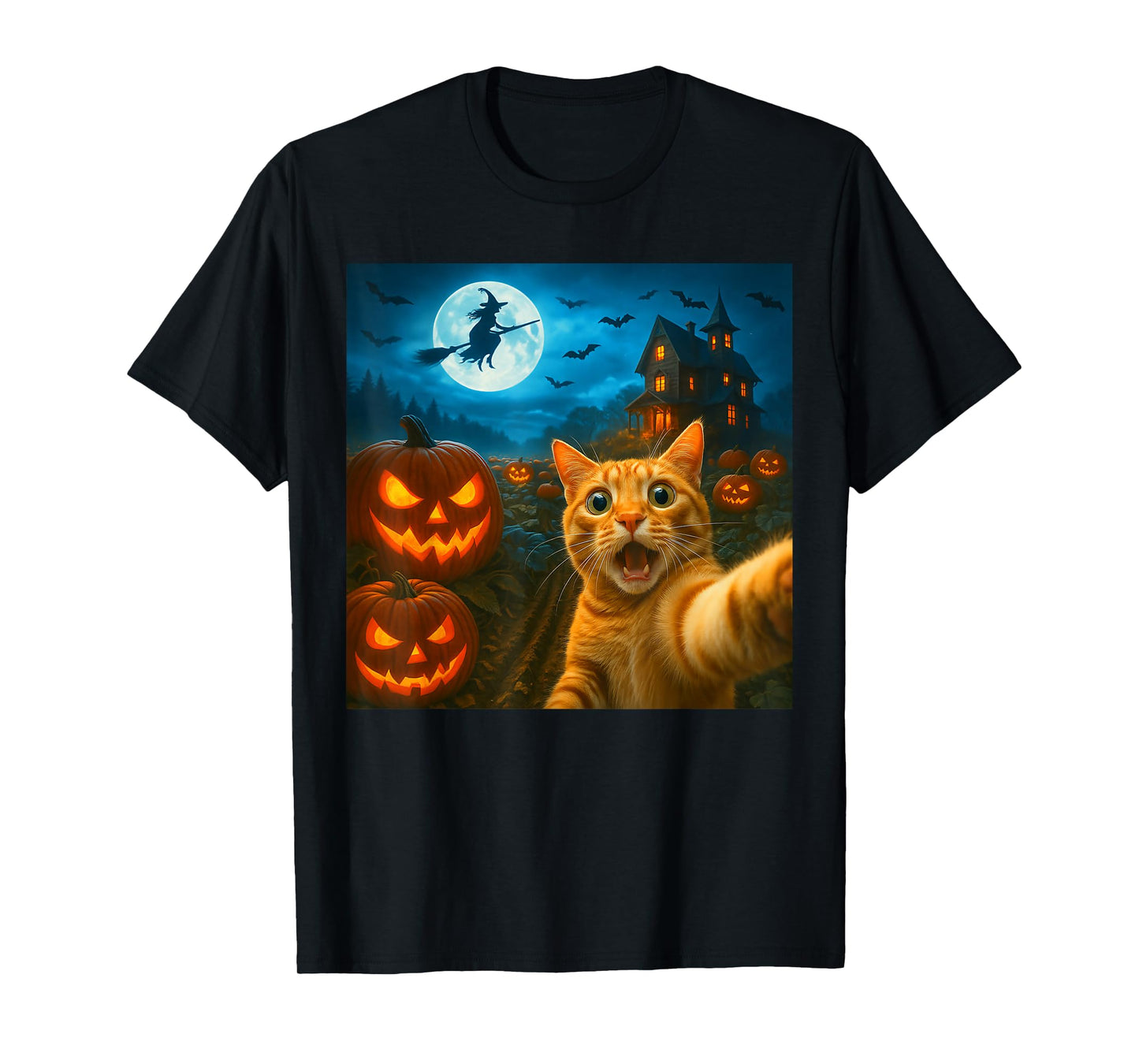 Funny Halloween Cat Selfie with Spooky Pumpkins Men Women T-Shirt