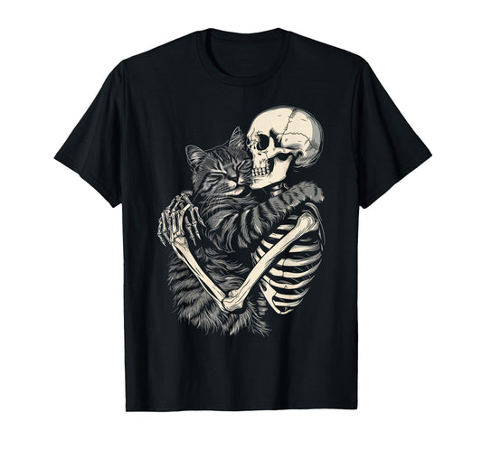 Skeleton Hugging Cat Halloween Cat Lover Cat Mom Dad T-Shirt