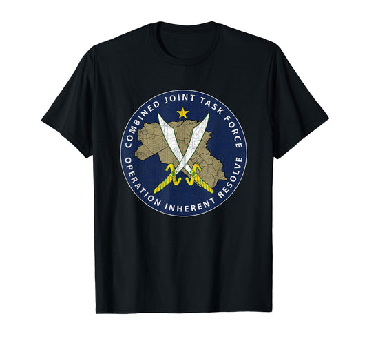 CJTF - OIR Operation Inherent Resolve Veteran Black Men's Vintage Modern Veteran-Themed Printed T-Shirt, Small, Short Sleeve