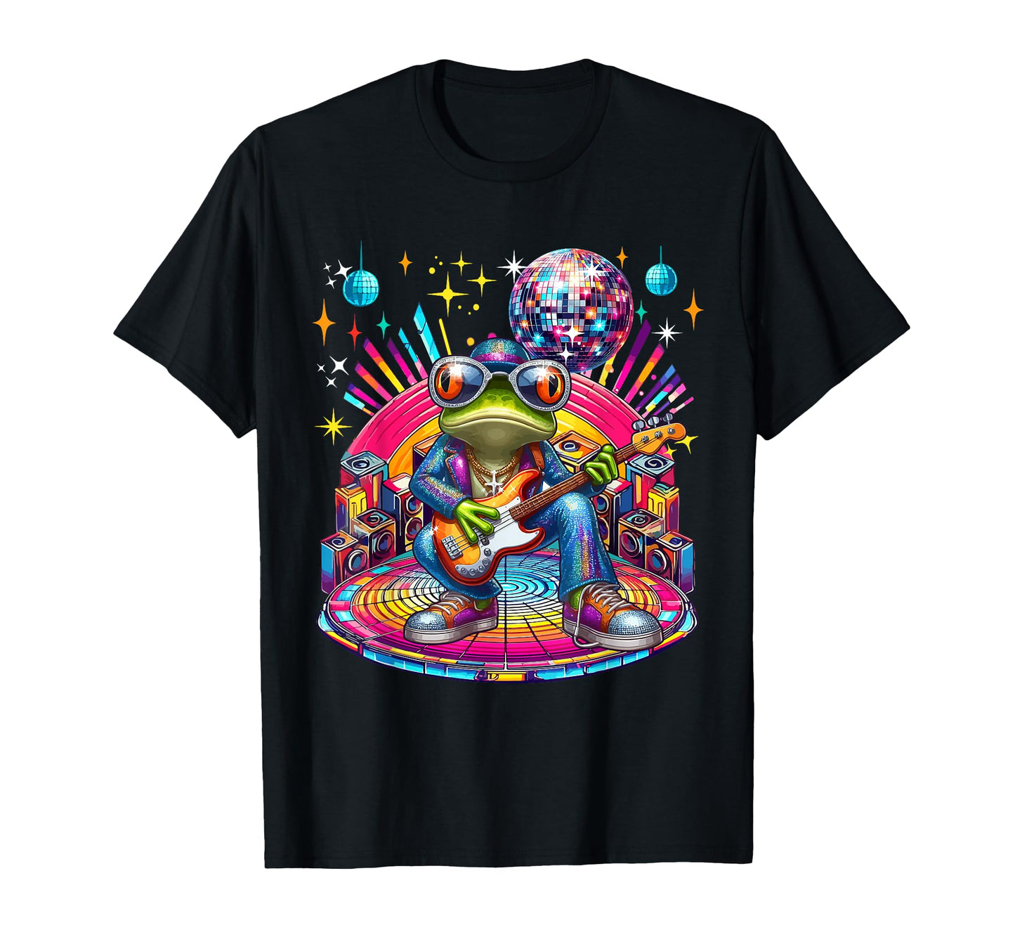 Frog Sunglasses Playing Guitar Colorful Costume Disco T-Shirt