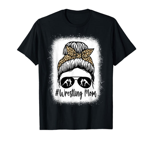 Bleached Life Wrestling Mom Women Leopard Messy Bun Glasses T-Shirt