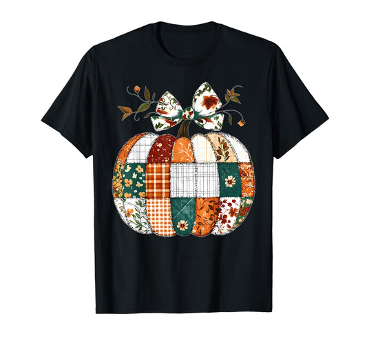 Patchwork Quilt Floral Pumpkin Coquette Bow Fall Halloween T-Shirt